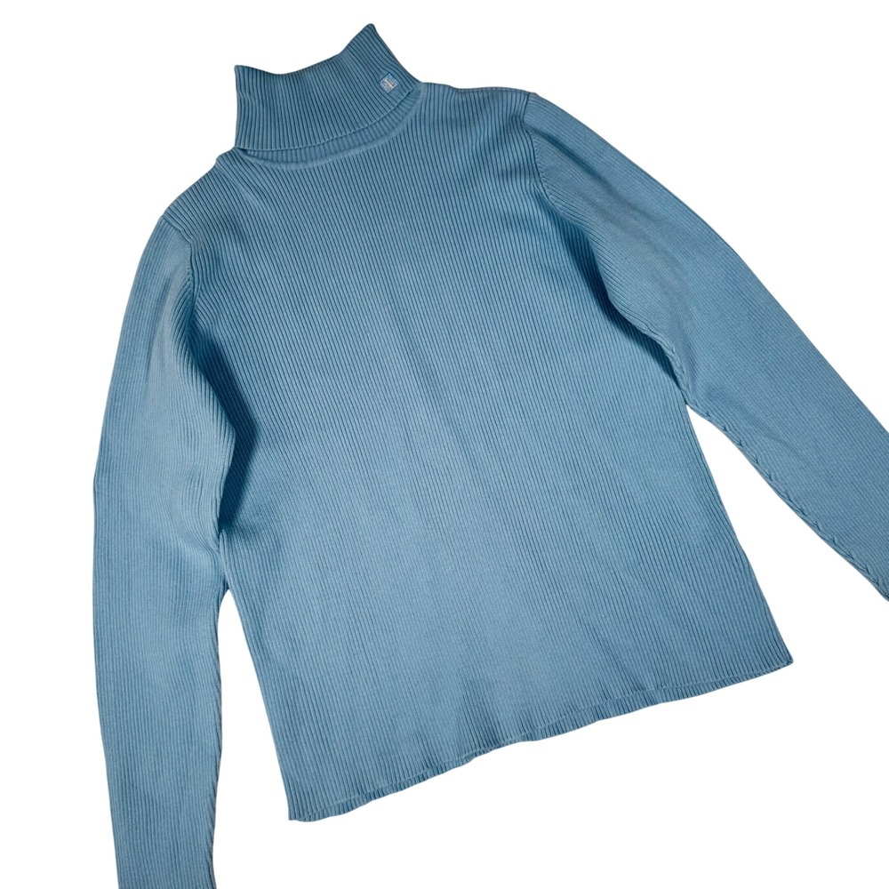 Lauren Ralph Lauren Blue Ribbed Cotton Turtleneck Sweater Women Size Large Soft